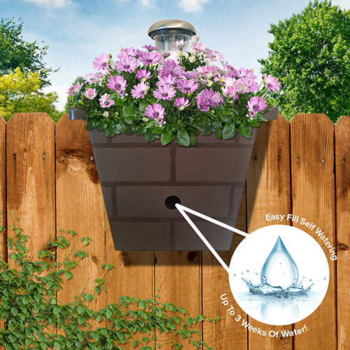 Revolutionary 4-in-1 Self-Watering Fence Planter and Solar Light - Brown Revolutionary 4-in-1 Self-Watering Fence Planter and Solar Light - Brown